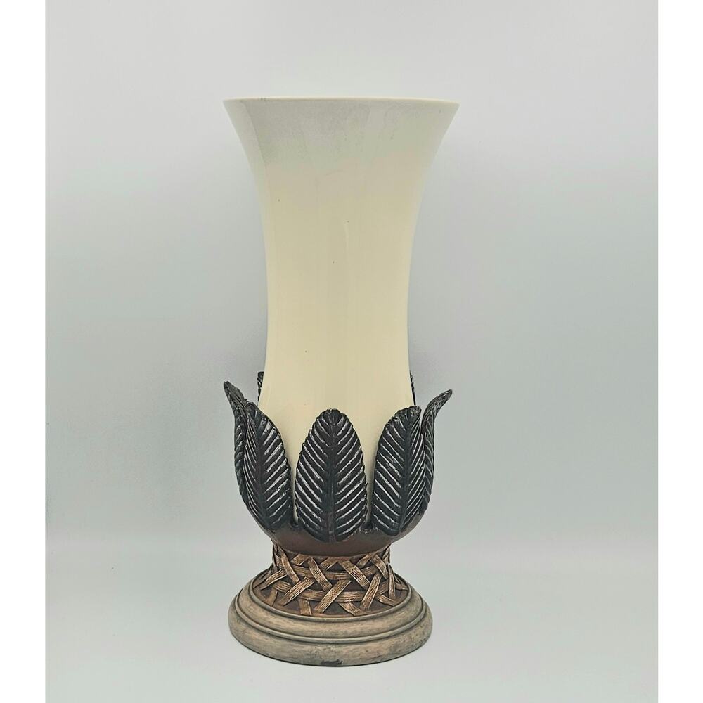 Vintage Porcelain Trumpet Vase Tuscan Leaf Base Ivory Traditional Decor